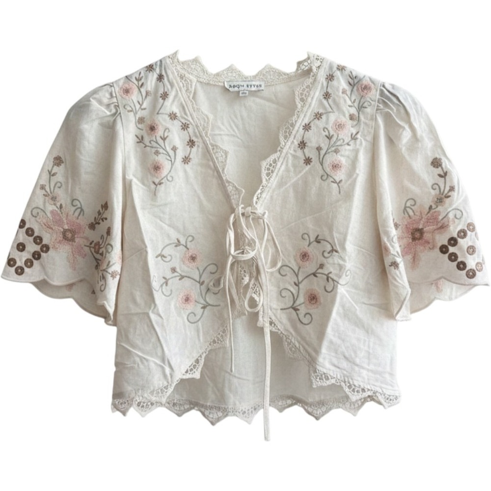 Moon River Embroidered Tie Front Crop Top Linen Blend Floral Scallop Lace Small
